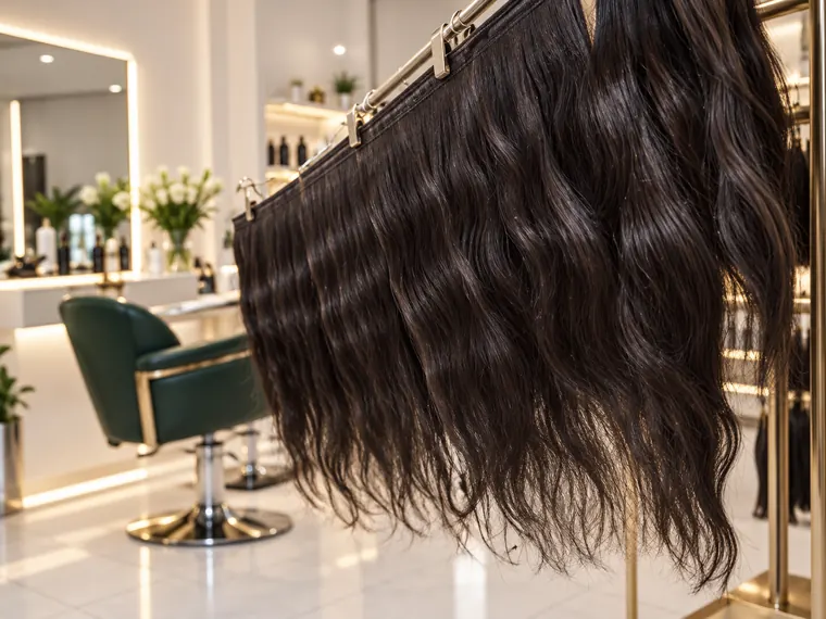 Telas de cabelo humano castanho ondulado penduradas em arara no salão